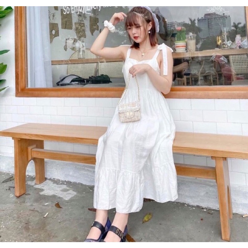 Váy 2 Dây Thắt Nơ Vai Màu Trắng, Đầm 2 Dây Trắng Cột Nơ Vai Nhún Bèo Chan House.
