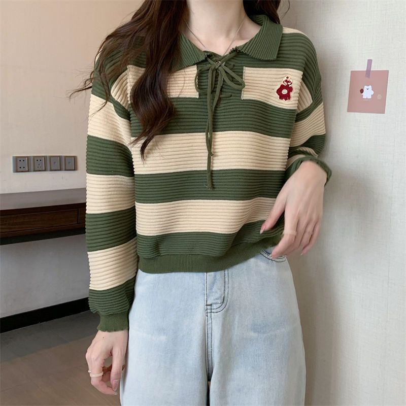 Áo Sweater Cổ POLO Họa Tiết Kẻ Sọc Màu Sắc Tương Phản Phong Cách Hàn Quốc Thời Trang Mùa Thu Cho Nữ