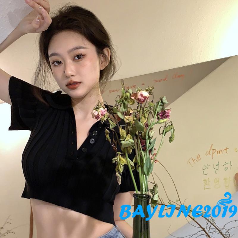 Áo Thun Ngắn Tay Cổ Bẻ Cài Nút Cổ Bẻ Màu Trơn Cho Nữ