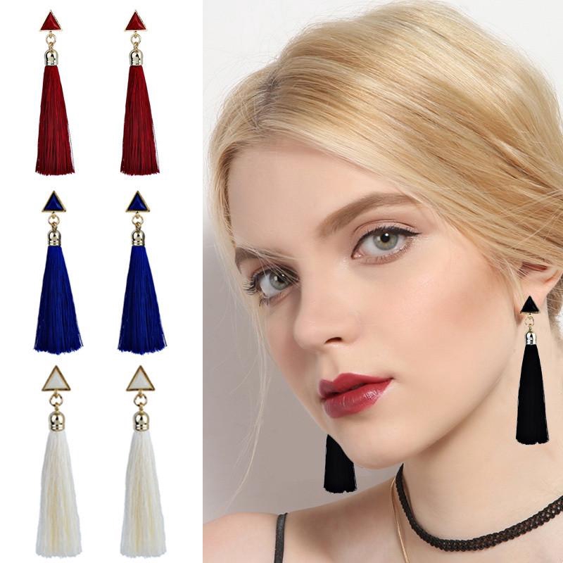 Bông Tai Dáng Dài Phối Vải Lụa Màu Xanh Dương / Đen Phong Cách Bohemian Thời Trang Đi Biển Cho