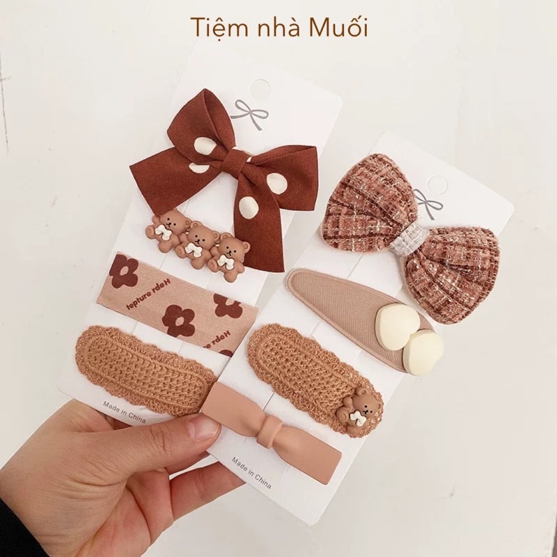 Set 4 kẹp tóc tone nâu/be/trà sữa siêu cute phong cách Hàn Quốc cho bé gái