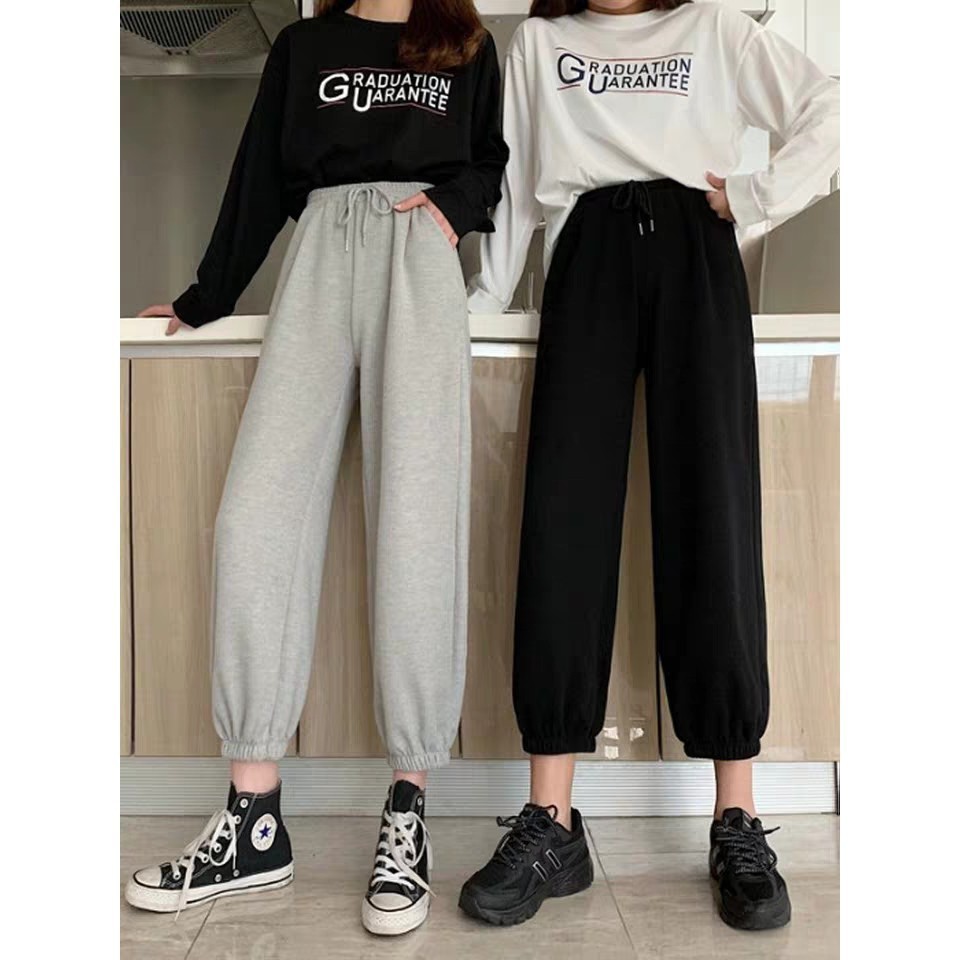 Quần jogger nữ ống rộng bo chun gấu 2 màu đen ghi – quần jogger nữ nỉ thun da cá phong cách thể thao | BigBuy360 - bigbuy360.vn