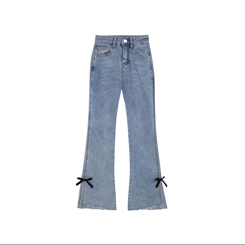 Bow knot split jeans women's spring and autumn style high waist new Korean version ins loose micro straight tube pants