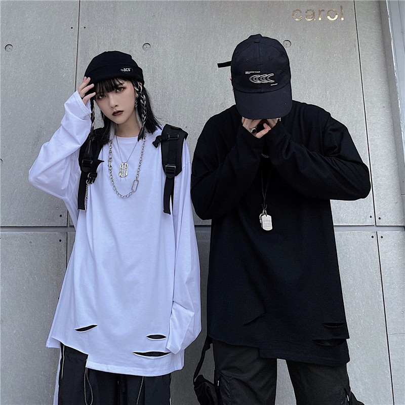 Áo thun tay dài kiểu rách phong cách Unisex form rộng SWRA