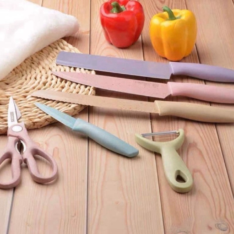 Bộ Dao Nhà Bếp Lúa Mạch 6 Món KITCHEN KNIFE Cao Cấp Kháng Khuẩn Tiện Dụng - DNB06 - Gia Dụng Tý Tẹo