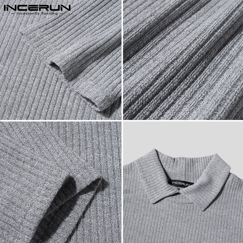 Áo Sweater INCERUN dệt kim cổ bẻ tay dài màu trơn cho nam