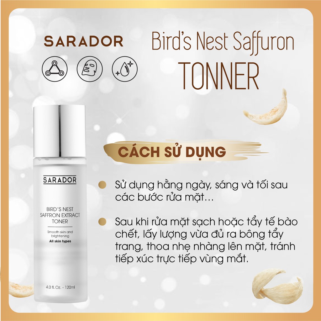 Tone(Nước Hoa Hồng) SARADOR cân bằng PH, se khít lỗ chân lông, dưỡng ẩm ( Bird’s nest safaron extrac Toner) 120 ml | BigBuy360 - bigbuy360.vn