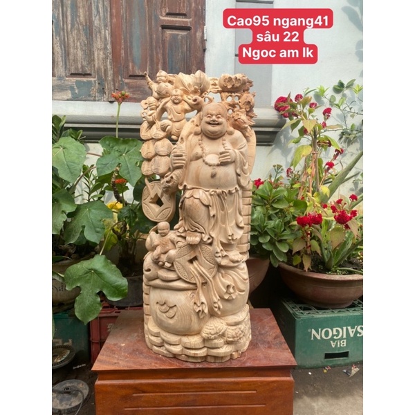 Tượng Phật Di Lặc Tam Phúc Gỗ Ngọc Am liền nguyên khối thơm nức, cao 95 rộng 41 sâu 22 cm