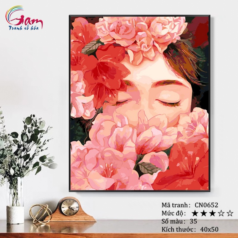 Tranh số hoá tự tô màu Gam cô gái hoa căng khung 40x50cm CN0652