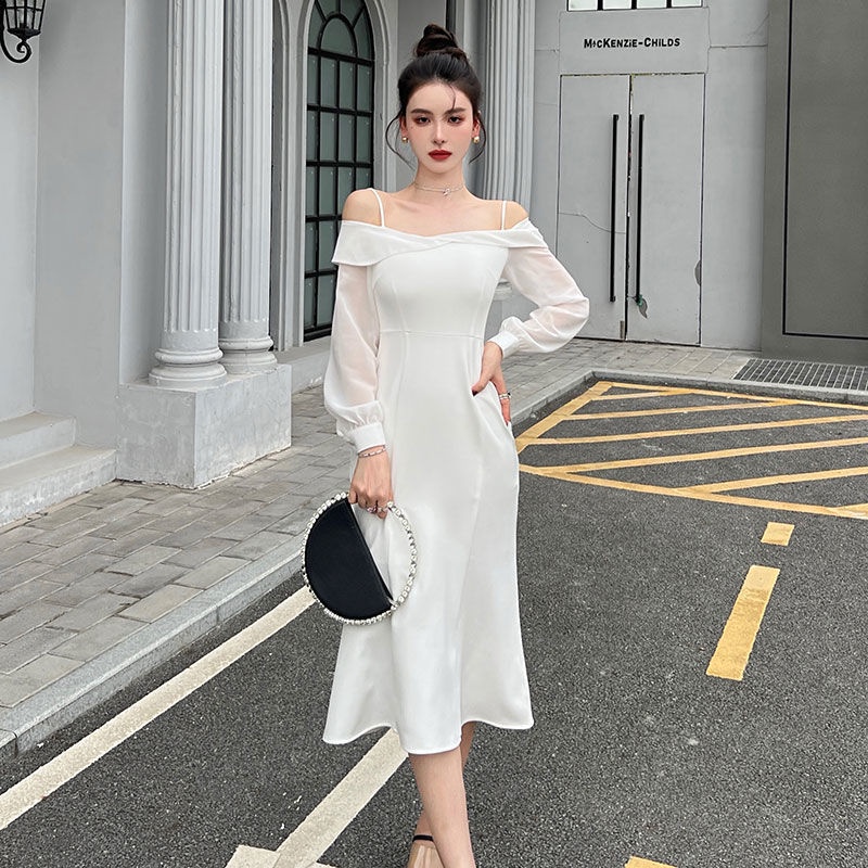 Đầm Voan Đuôi Cá Dài Tay Trễ Vai Xinh Xắn Dành Cho Nữ