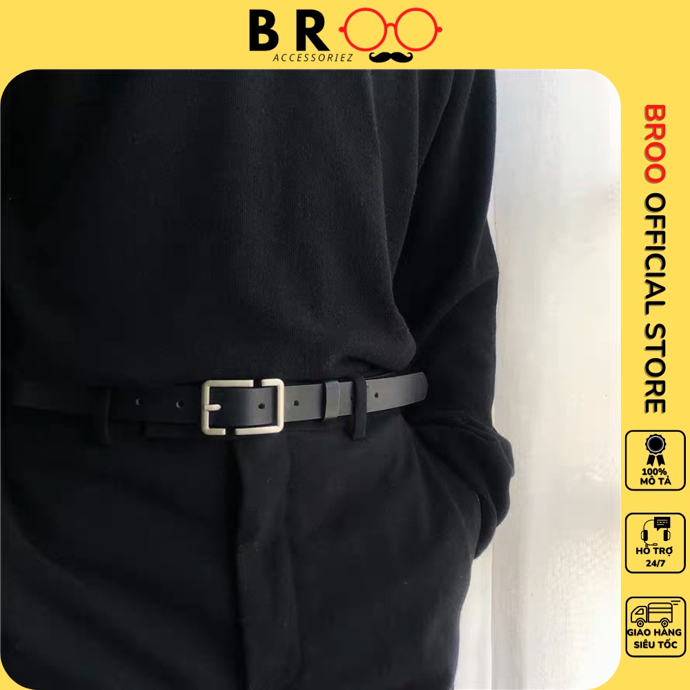 Thắt lưng nam nữ bản nhỏ BROO Belt màu đen đẹp, dây nịt lưng unisex da PU mặt vuông chữ nhật Hàn Quốc