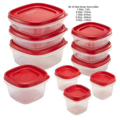 Bộ 10 hộp đựng thực phẩm RUBBERMAID CHÍNH HÃNG có nắp màu đỏ bằng nhựa PP cao cấp | BigBuy360 - bigbuy360.vn