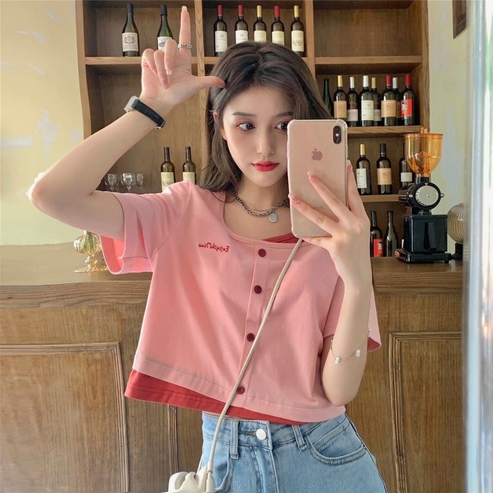 Áo Thun Ngắn Tay Giả Hai Lớp Cổ Vuông Phong Cách Hàn Quốc Mới Cho Nữ