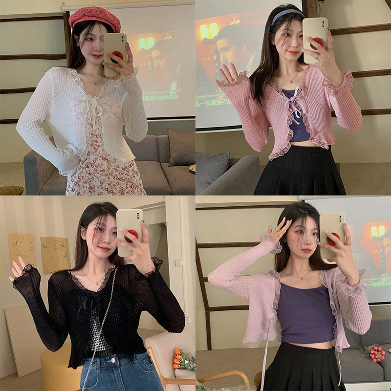 Áo Croptop Tay Dài Thiết Kế Cột Dây Phong Cách Hàn Quốc Cho Nữ