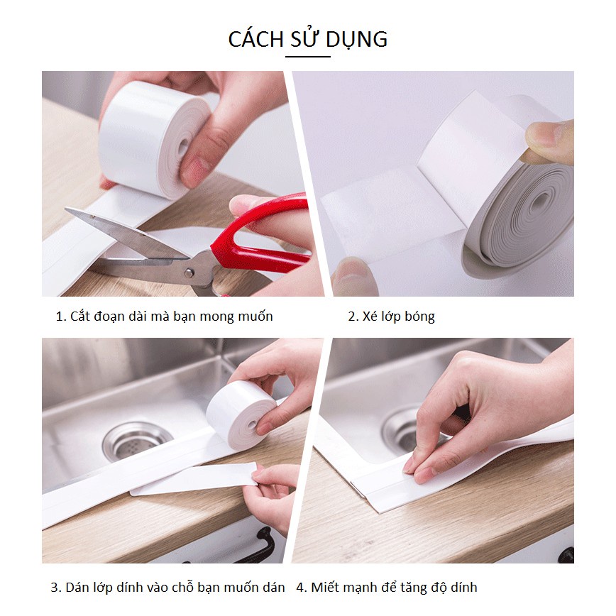 Băng Keo Dán Chống Thấm Nước, Chống Rỉ Ở Các Khe Hở Trong Bếp, Nhà Vệ Sinh 3.8cmx3.2m KINBATA Nhật Bản- Trắng