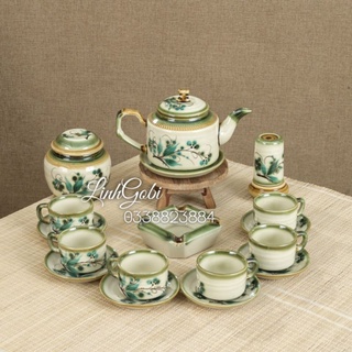 Bộ ấm trà chữ thập , vai vuông men ngọc cổ 450ml , ấn chén bát tràng