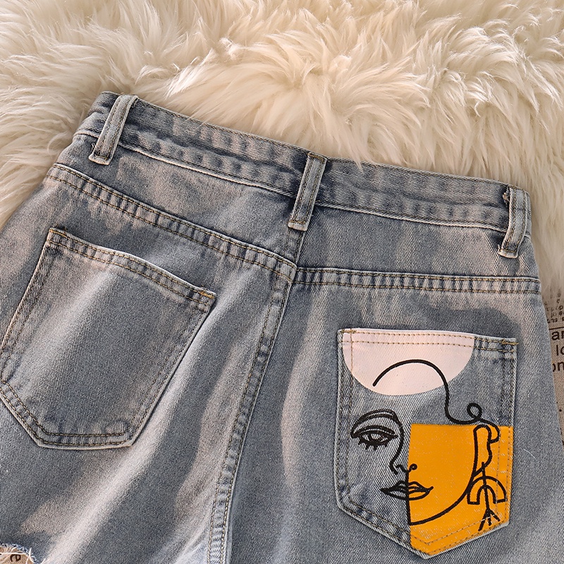 NUZIRO  Quần đùi  denim lưng cao ống rộng thiết kế rách cá tính thời trang dành cho nữ