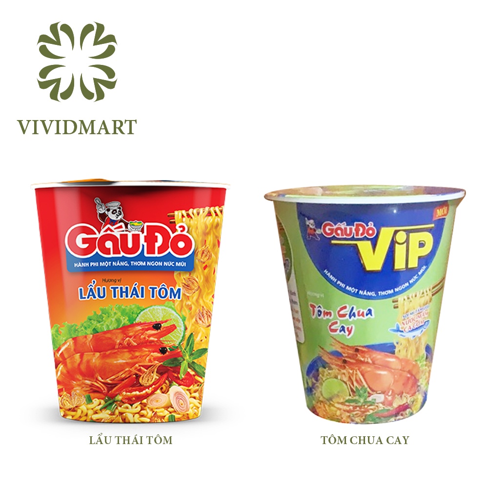 MÌ GẤU ĐỎ VIP 02 VỊ: LẨU THÁI TÔM VÀ TÔM CHUA CAY - LY 65gr - GẤU ĐỎ