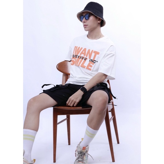 Áo thun in chữ form rộng &quot; I want smile&quot; Nô Storr