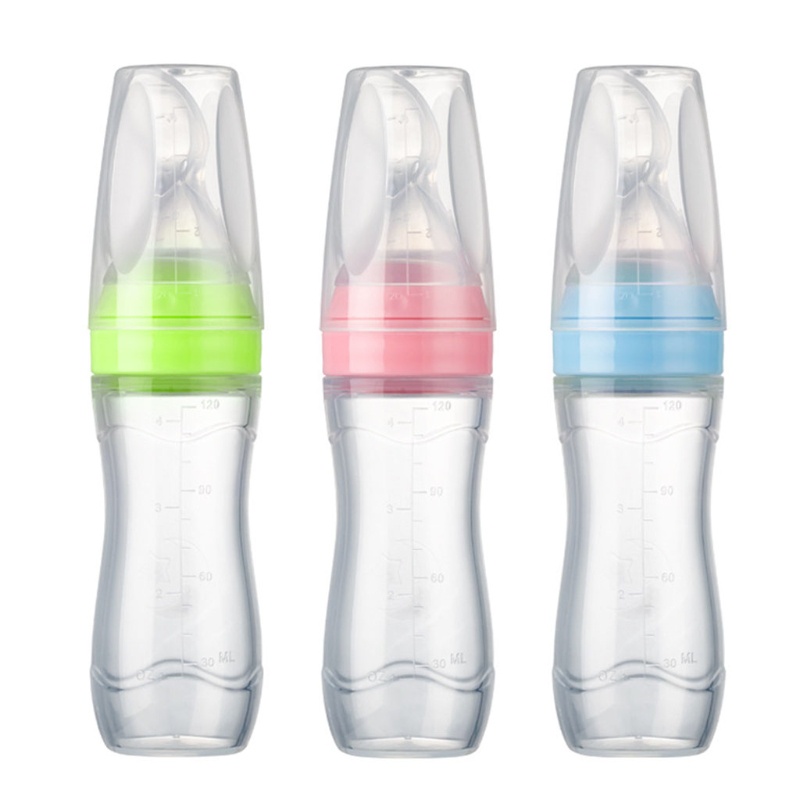 Bình Ăn Dặm 120ml Bằng Silicone Kèm Muỗng Chống Bụi Cho Bé