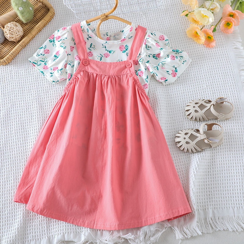 Áo Sơ Mi Tay Ngắn Phồng Họa Tiết Hoa + Đầm Hai Mảnh Thời Trang Mùa Hè Hàng Mới Dành Cho Bạn Nữ