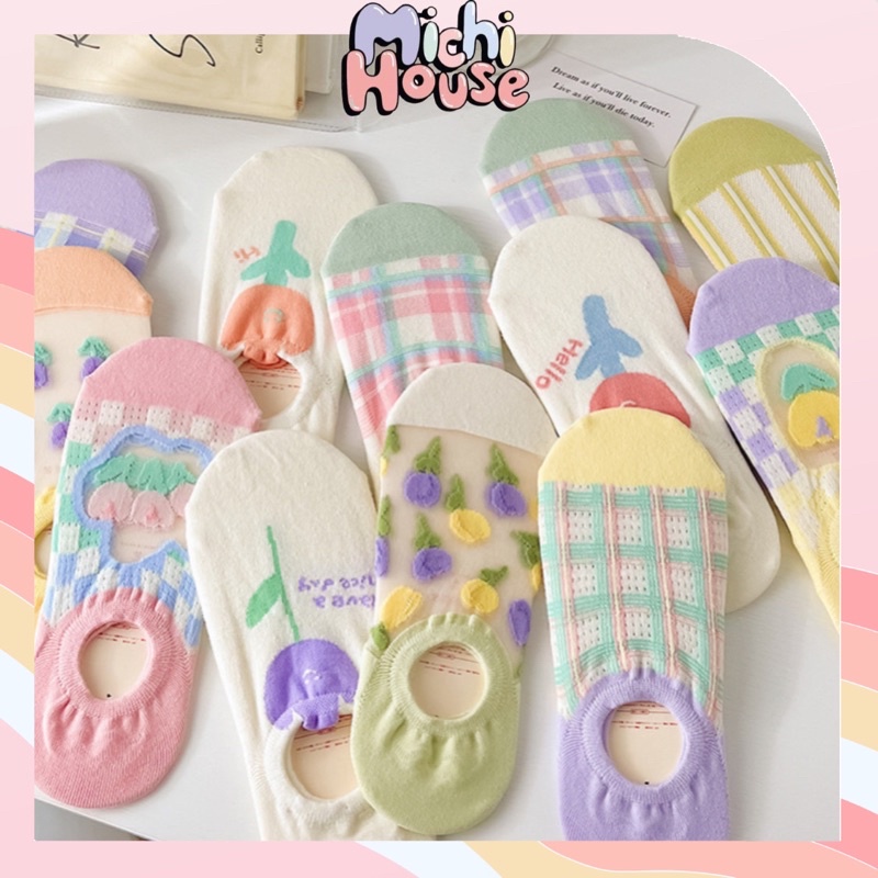 Tất Vớ Nữ Lười Nửa Bàn Chân Hình Hoa Phối Ren Nhiều Màu Sắc Dễ Thương Michi House Decor