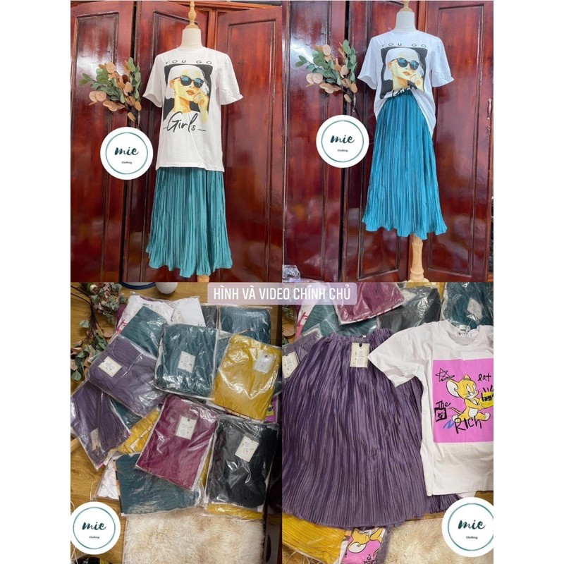 Set áo thun cô gái trắng mix chân váy xếp ly trendy quốc dân nhiều màu nổi hồng tím xanh vàng đen | BigBuy360 - bigbuy360.vn