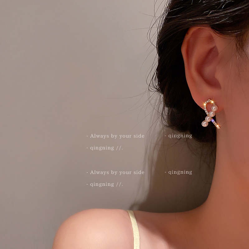 DREJEW Khuyên tai bạc 925 đính ngọc trai kim cương giả phong cách Hàn Quốc thời trang