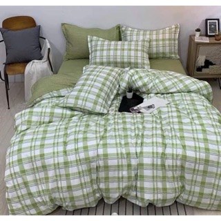 Bộ Chăn Ga Gối Cotton Poly Kẻ Xanh Cốm