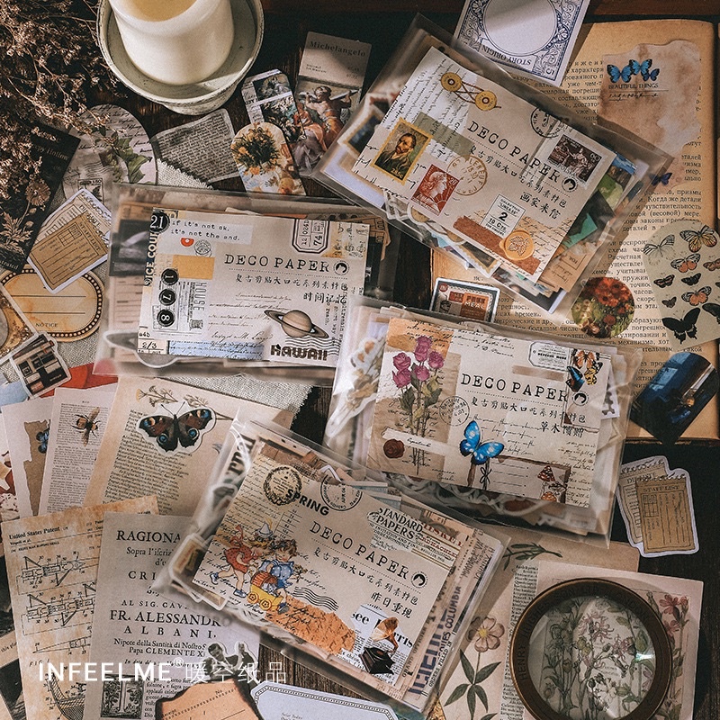 Set vintage 200 pcs nhiều chủ đề bao gồm stickers x giấy nền trang trí junkjournal