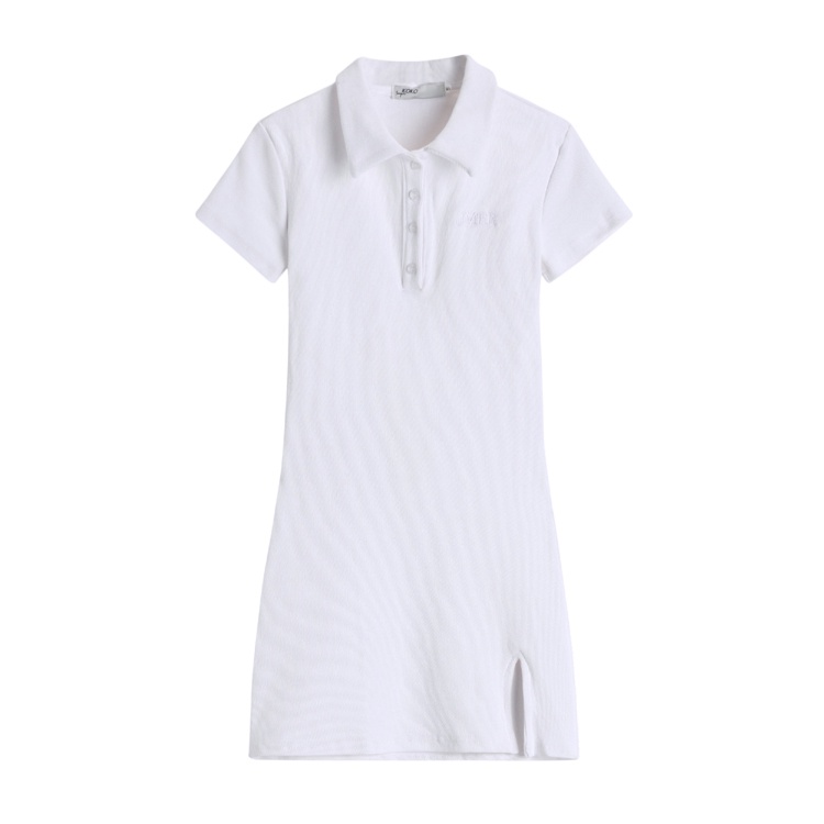 Đầm Tay Ngắn Cổ Polo Màu Trơn Xẻ Tà Phối Nút Thời Trang Cho Nữ