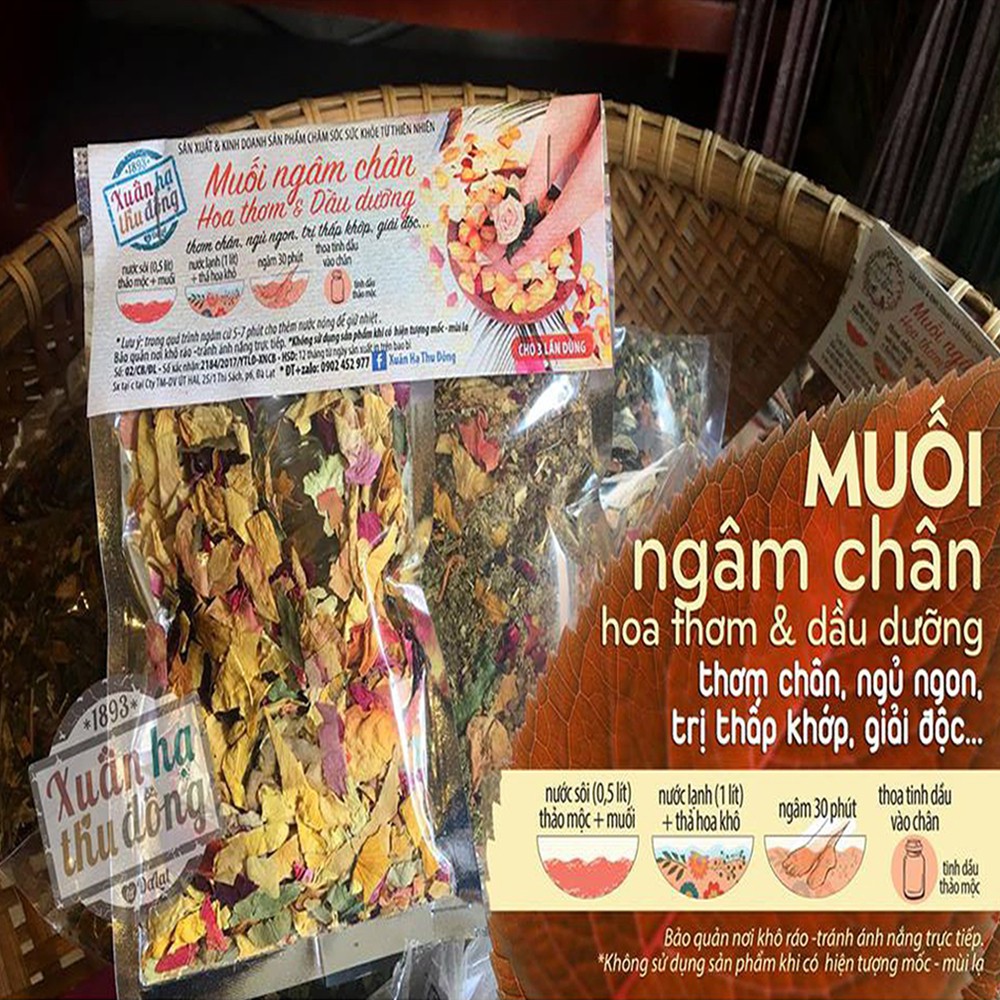 Muối ngâm chân hoa,thảo mộc, dầu dưỡng chân Đà Lạt 1893 thư giãn (3 lần dùng)
