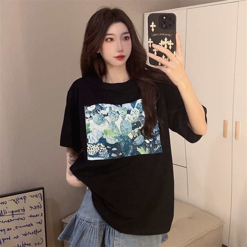 Áo thun SUXI tay ngắn cổ tròn dáng rộng in họa tiết đơn giản thời trang mùa hè cho nữ