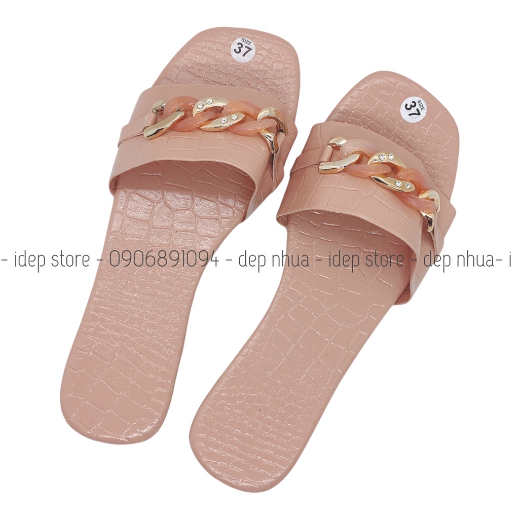 Dép lê nữ thời trang bệt bản ngang gắn móc xích thời trang iDép- DL145