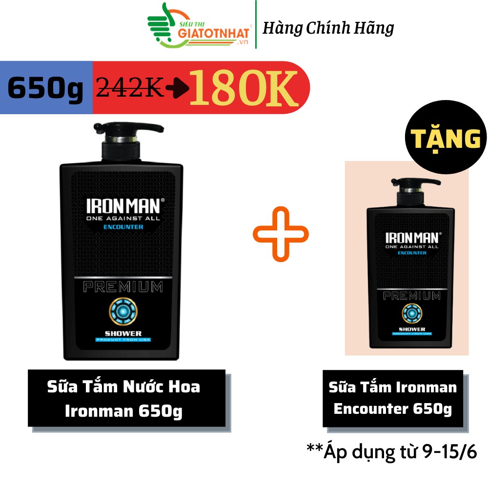 Sữa tắm hương nước hoa nam Ironman Humanity Hero 650g + Sữa tắm hương nước hoa dành nhờn Ironman Encounter 650g