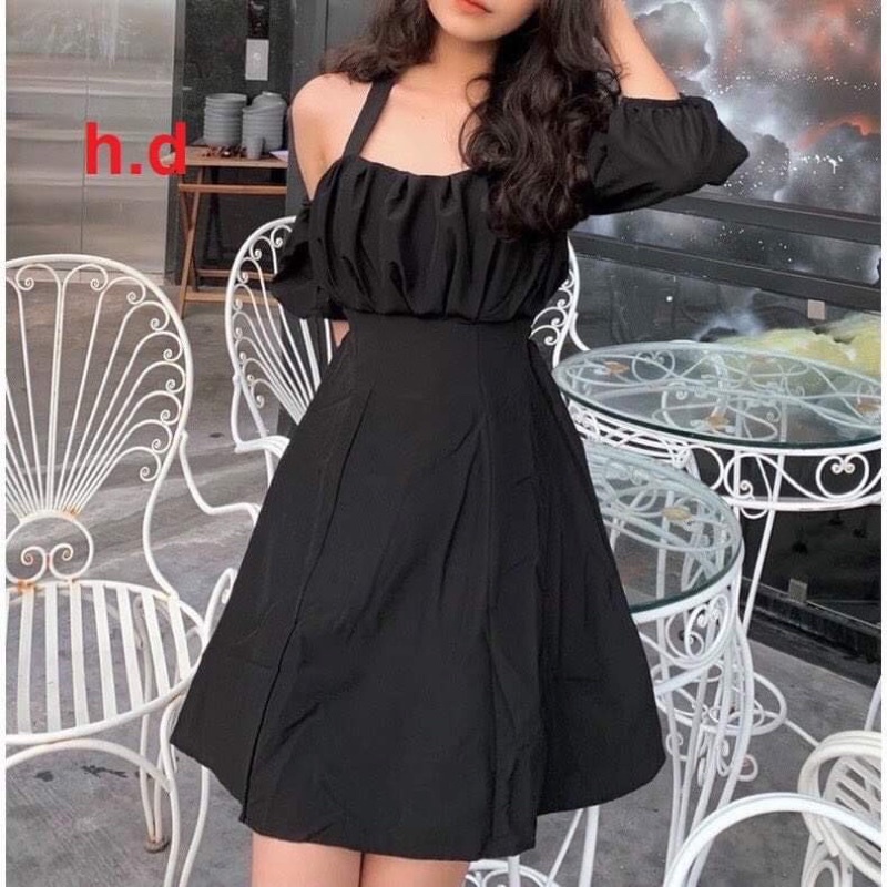 Váy đầm nữ cổ yếm buộc dây trễ hở vai nhún ngực màu đen, trắng dáng chữ A, xòe ngắn mini freesize sexy hàn quốc