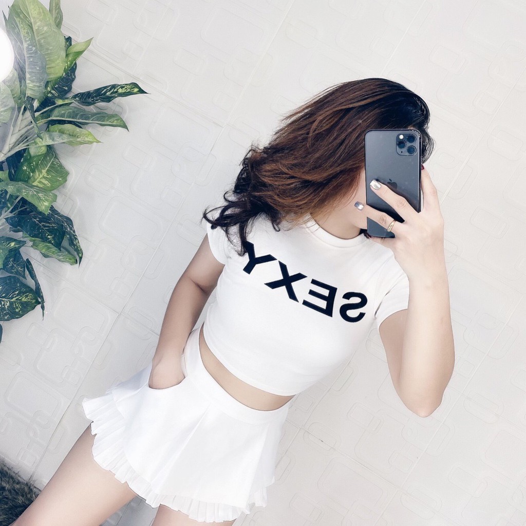 Áo croptop cổ tròn ôm body in chữ sexy cực hot