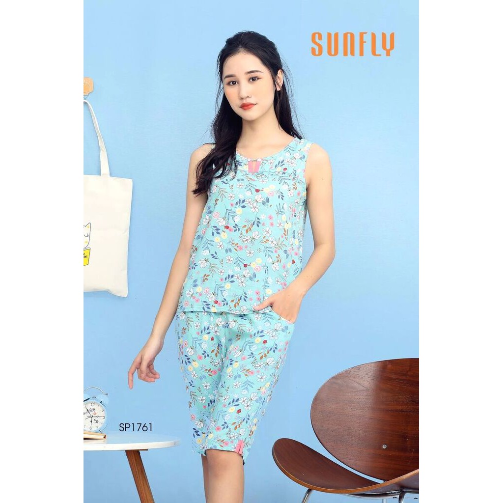 Bộ đồ lanh mặc nhà Sunfly chính hãng, xuân hè áo sát nách, quần lửng SP1761 chính hãng