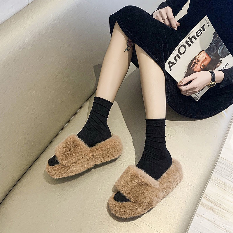 Dép Quai Ngang Phối Lông Xù Phong Cách Trẻ Trung Dành Cho Nữ