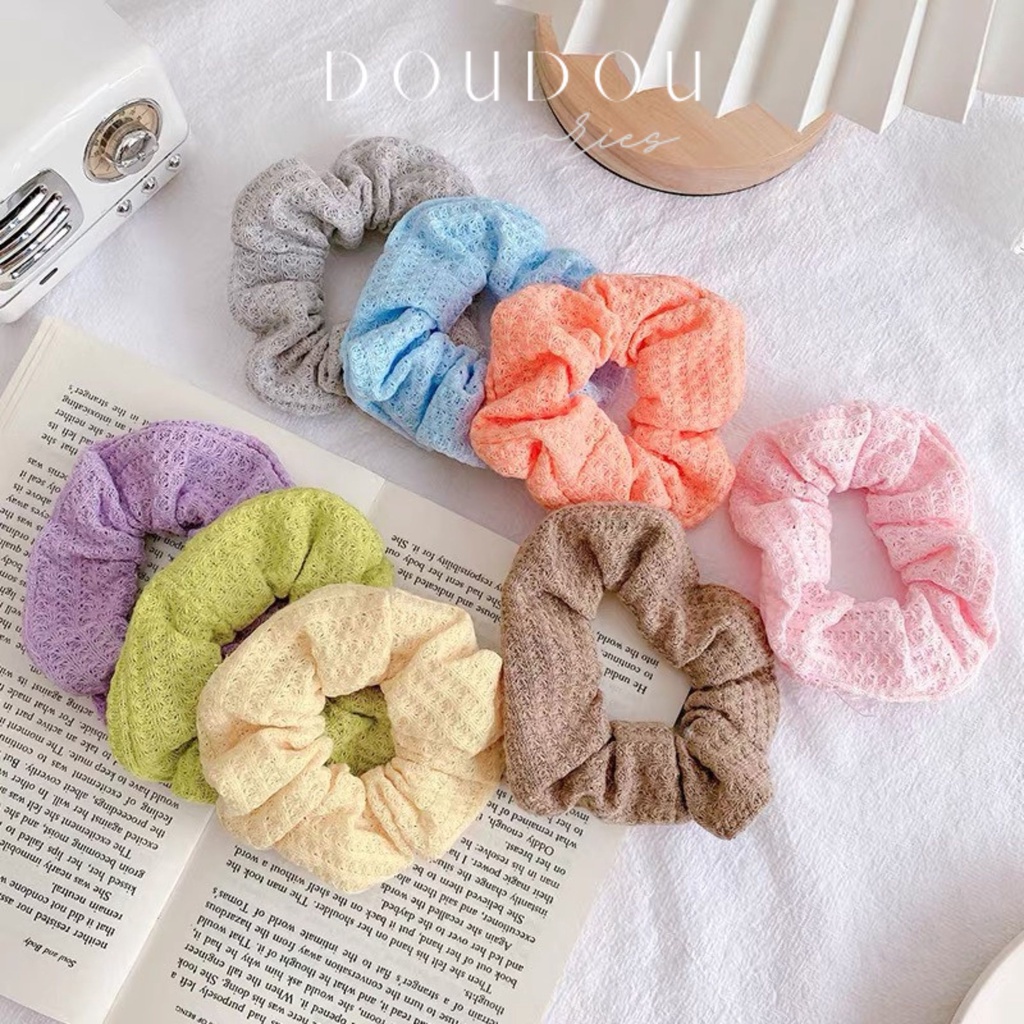Dây buộc tóc Scrunchies DOUDOU Dây cột tóc nữ vải nhún mềm mịn họa tiết màu sắc xinh xắn thời trang FQ010