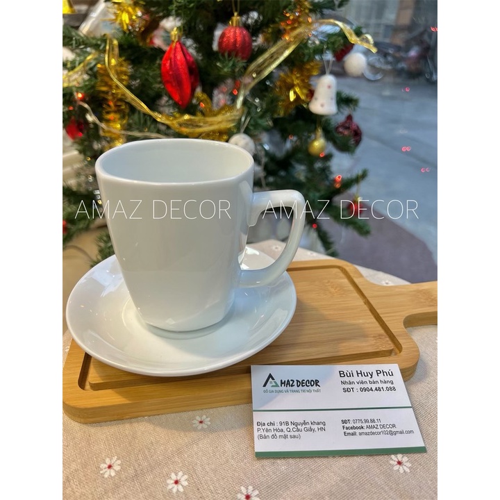 Bộ tách ly cốc sứ uống nước cà phê trà có quai dáng vuông Bát Tràng cao  trắng trơn 390ML C6024 cao cấp thanh lịch