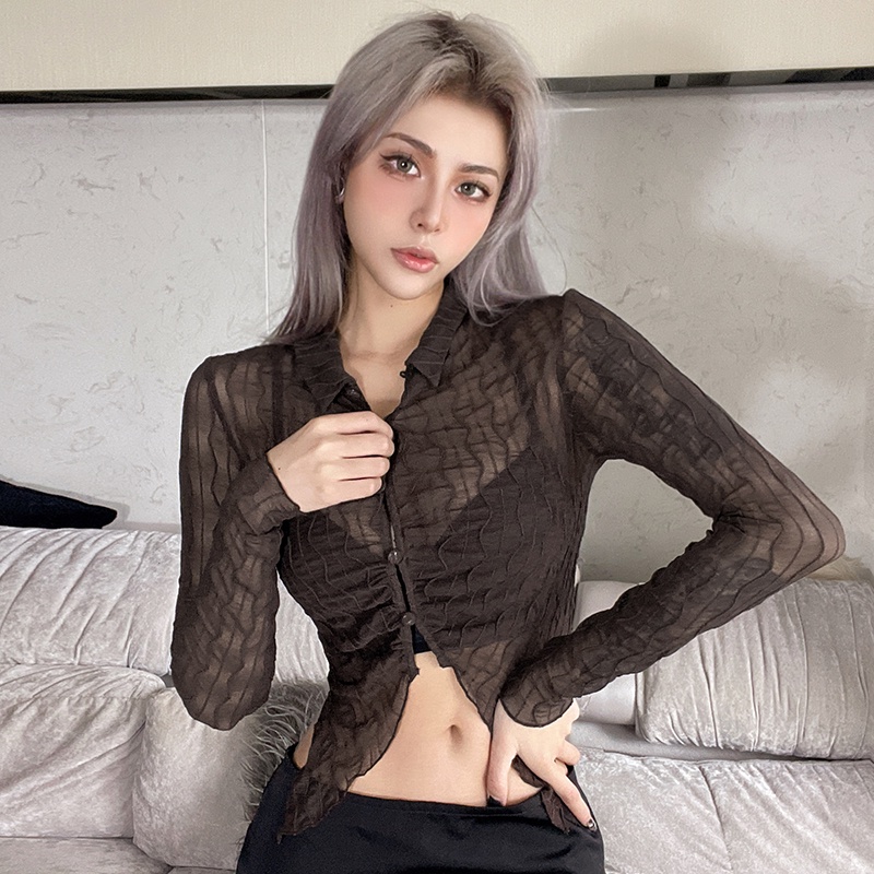 Kliou 2022 Mới vào mùa hè Áo kiểu KLIOU khoác vào tay dài dệt kim xuyên thấu phong cách Pháp cổ điển thời trang quyến rũ dành cho nữ