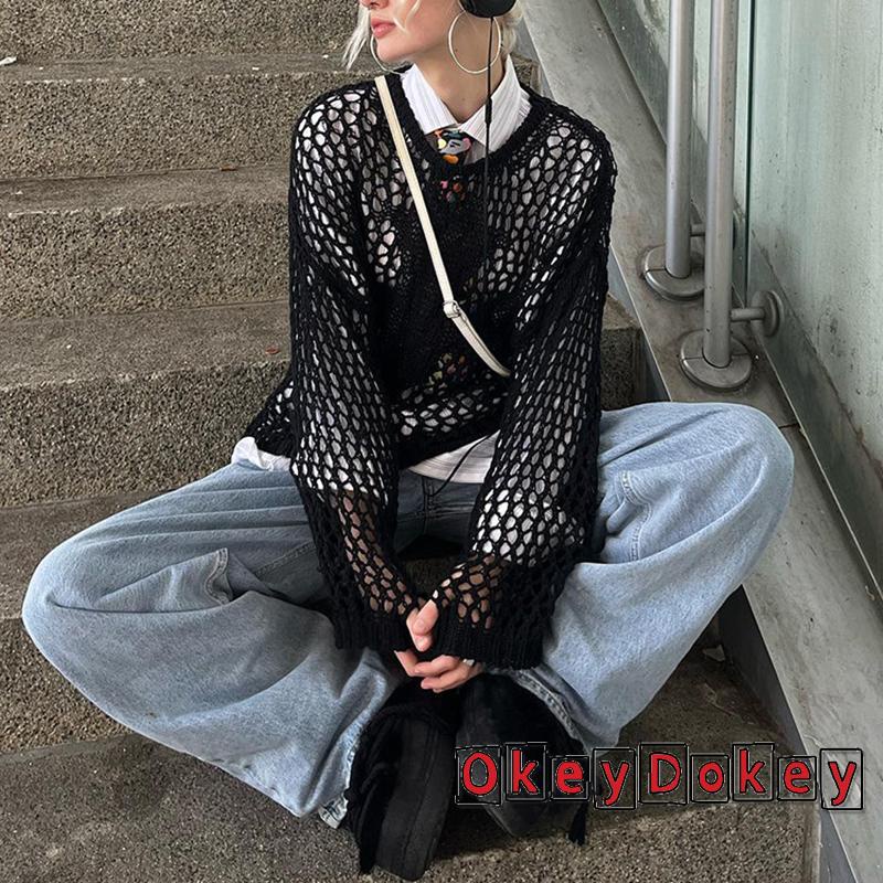 Okdk-áo Thun Dệt Kim Cỡ Lớn Khoét Rỗng Xuyên Thấu Phong Cách Harajuku Grunge Retro Cho Nữ