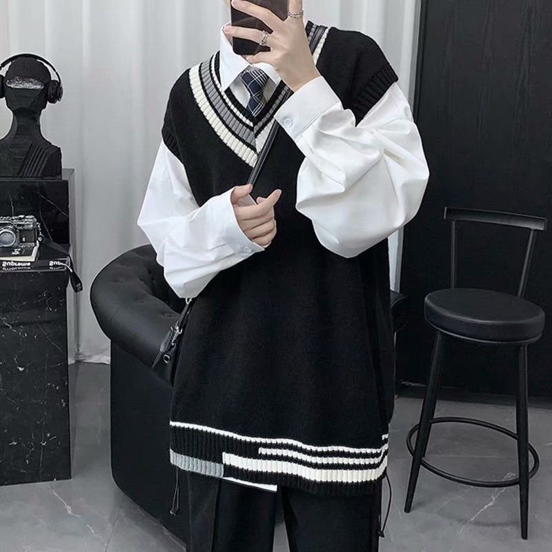 Academic style lovers' literary knitwear sleeveless vest men's sweater vest men's autumn and winter trend Áo Len Không Tay Cổ Chữ V Thời Trang Thu Đông Cho Nam Công nghệ văn học, áo bó tay, áo len, áo khoác, áo chống áo nam mùa thu và mùa đông.