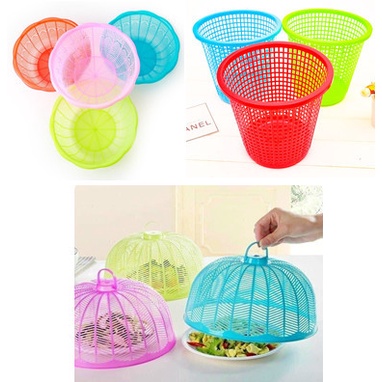 Combo 4 món đồ dùng nhà bếp, 1 Lồng bàn nhựa Mini, 2 Rổ nhựa màu sắc 23x8cm và 1 Sọt rác nhưa mini 19x23cm
