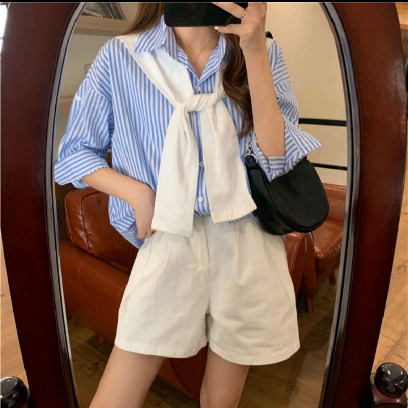 Áo sơ mi kẻ sọc kèm khăn quàng phong cách hàn quốc dáng tay lỡ