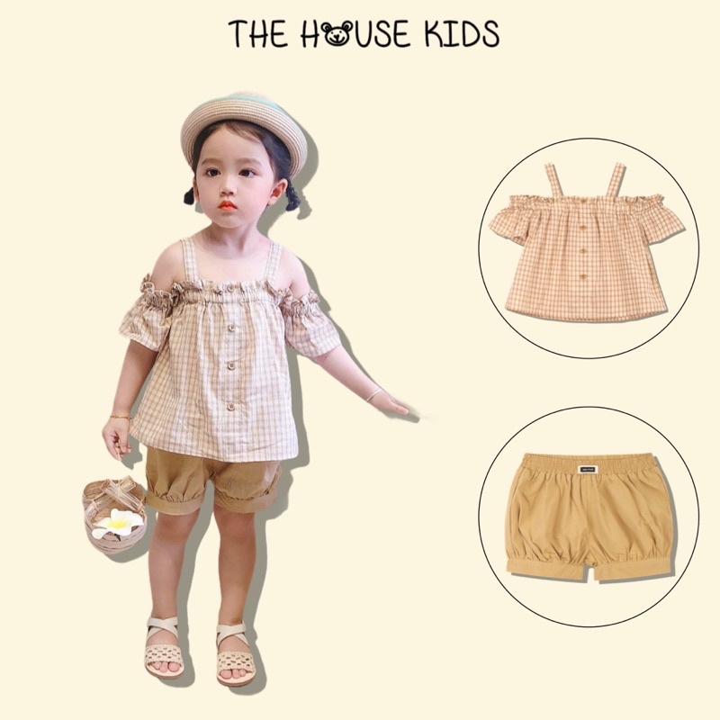 Bộ Quần Áo Cho Bé Gái Hoạ Tiết THE HOUSE KIDS Kẻ Nâu