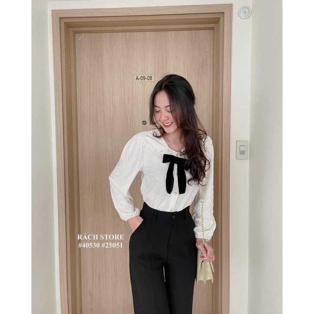 [RÁCH STORE] Áo kiểu cổ thuỷ thủ ren vải xốp hoa (28007)- Quần tây ống rộng 1 nút (10061)