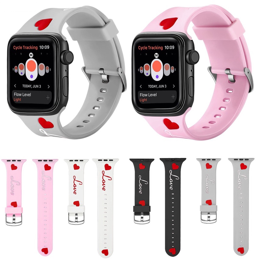 Dây Đeo Silicone Họa Tiết Trái Tim Cho Đồng Hồ Thông Minh Apple Watch 38mm 40mm 42mm 44mm Iwatch Series 6 SE 5 4 3 2 1