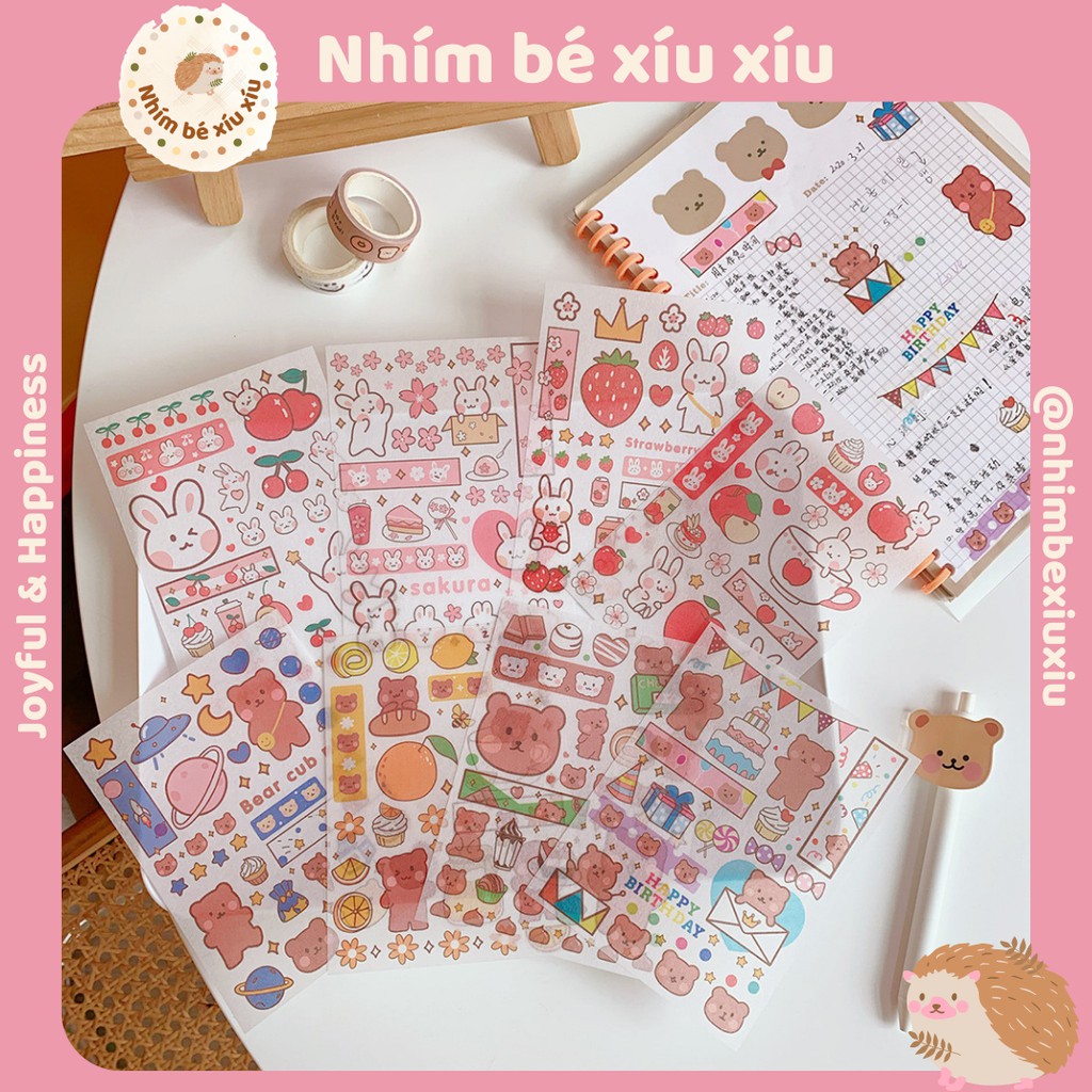 Set 4 tấm sticker gấu thỏ cute (10.2*13.8cm/tấm) 120 chi tiết